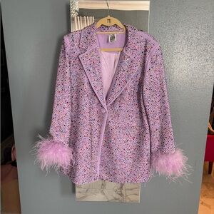 QUEEN OF SPARKLES Multicolor Sequin Blazer with Lavender Feather Cuffs